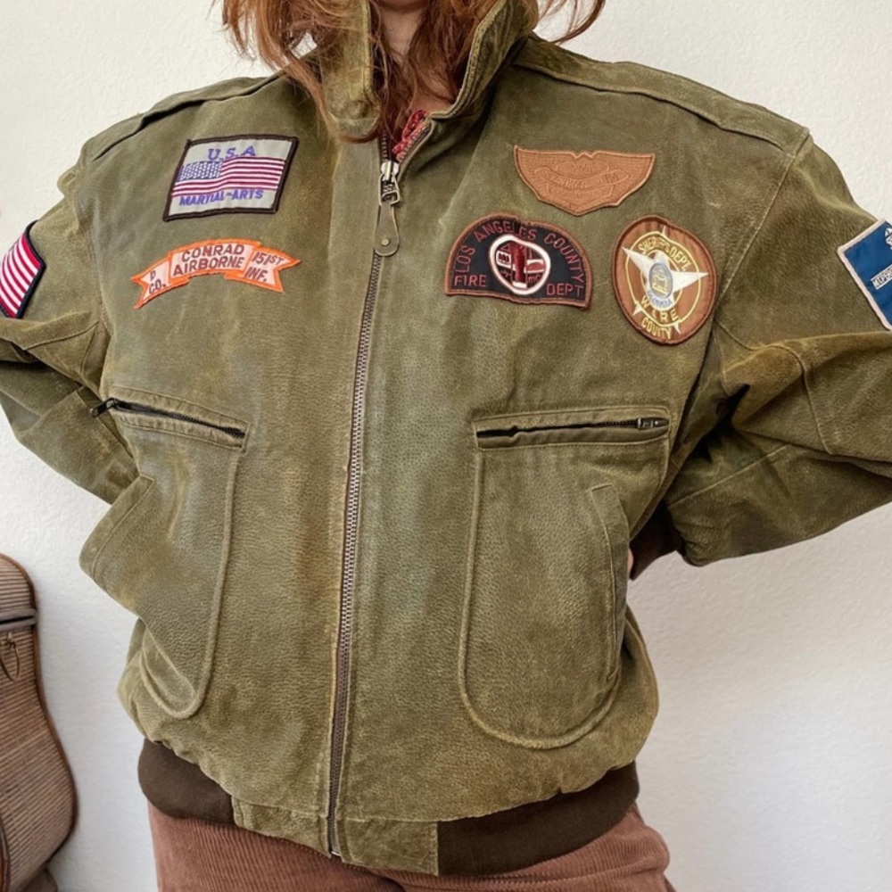 Vintage 80s Excelled olive green brown leather patches bomber flight jacket XXL